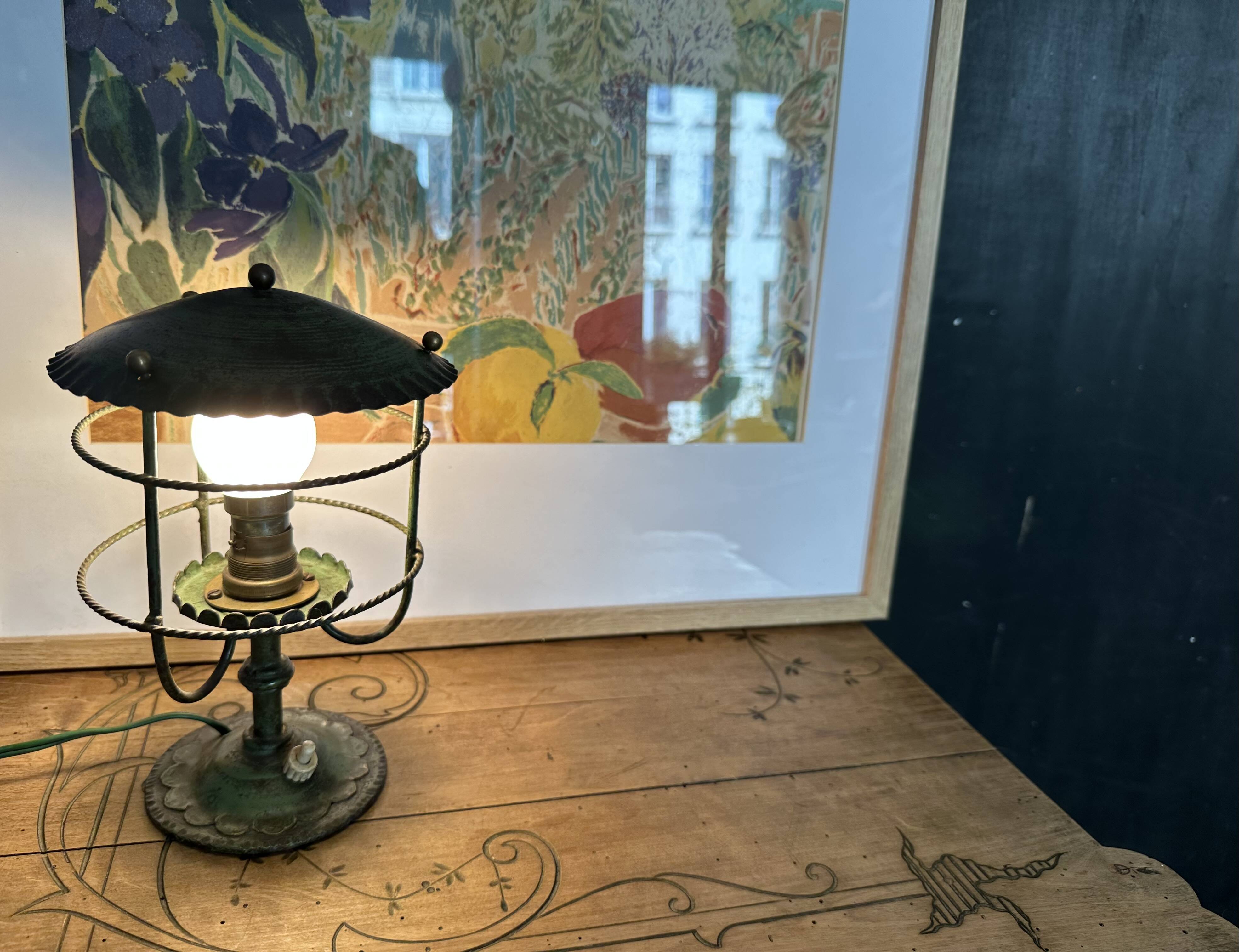 Antique patinated green metal lamp, Art Nouveau style, early 20th century.