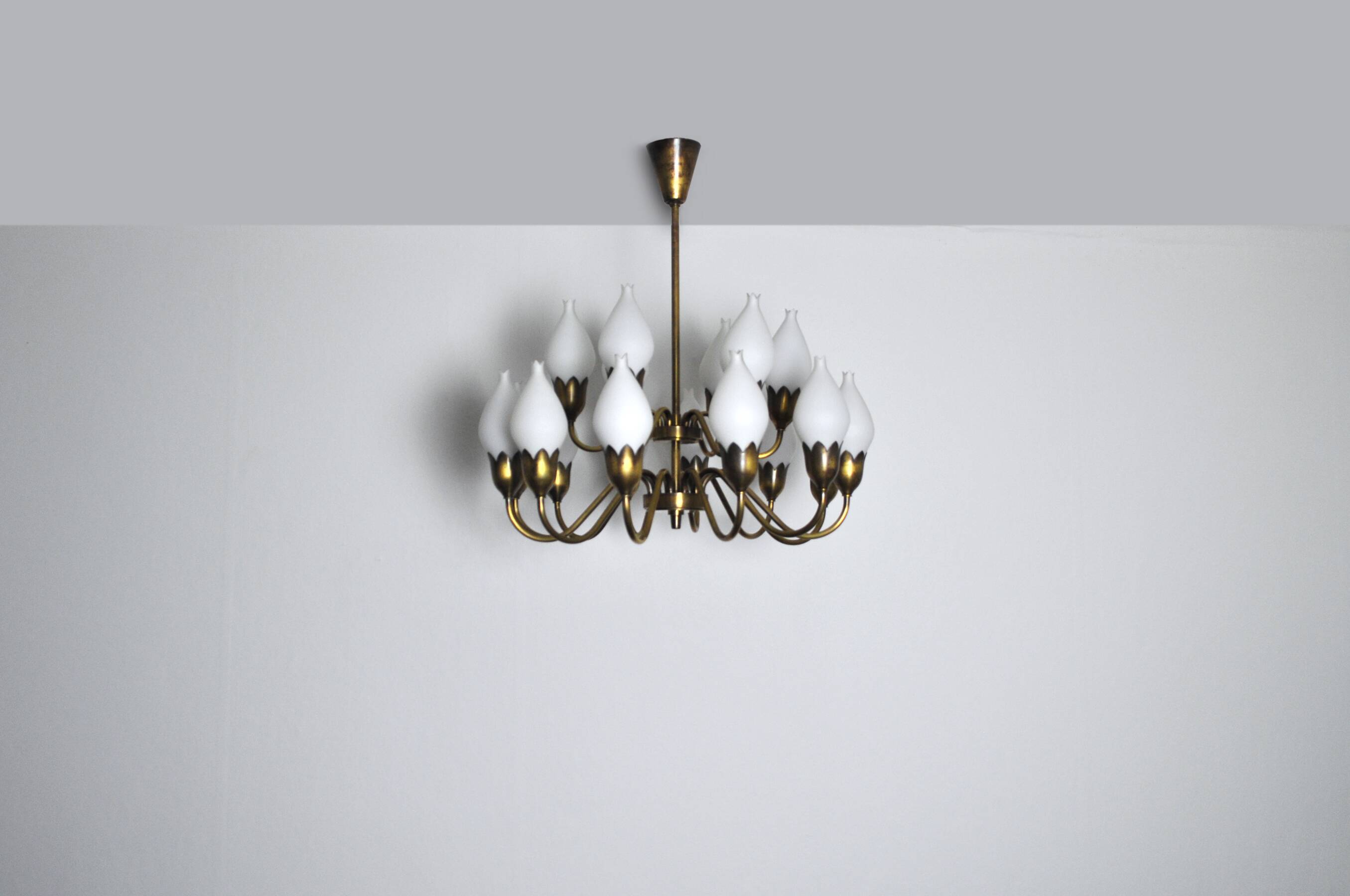 Fog & Mørup 18-Arm Brass and Opaline Glass Tulip Chandelier