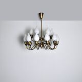 Fog & Mørup 18-Arm Brass and Opaline Glass Tulip Chandelier