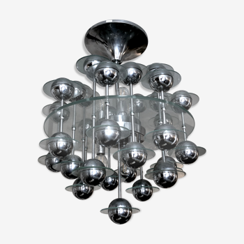 Reggiani, Vintage Italian Space Age Glass and Chrome Chandelier, 1970s
