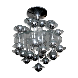 Reggiani, Vintage Italian Space Age Glass and Chrome Chandelier, 1970s