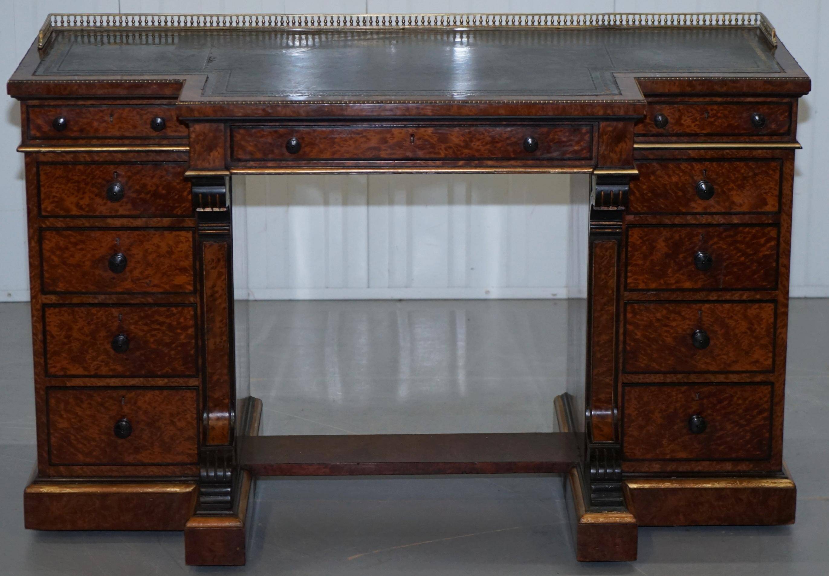 Gillow Library Desk in Burr Amboyna with Brass Gallery, circa 1852-1857