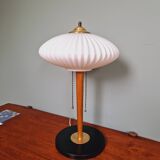 Large Scandinavian table lamp in white opaline glass and teak