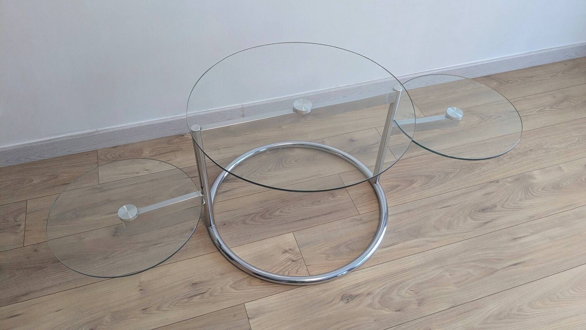 Vintage swivel coffee table with 3 glass and chrome trays – 1980s