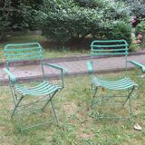 Pair of mid century distressed painted iron garden chairs