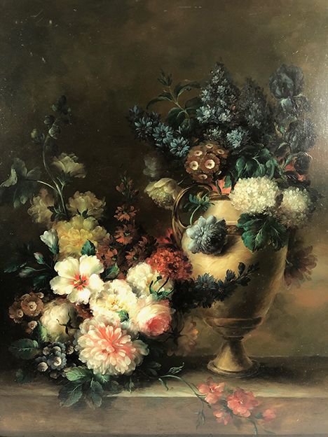 Tom Crowell, United Kingdom XXth, oil on panel "bouquet of flowers on entablature"