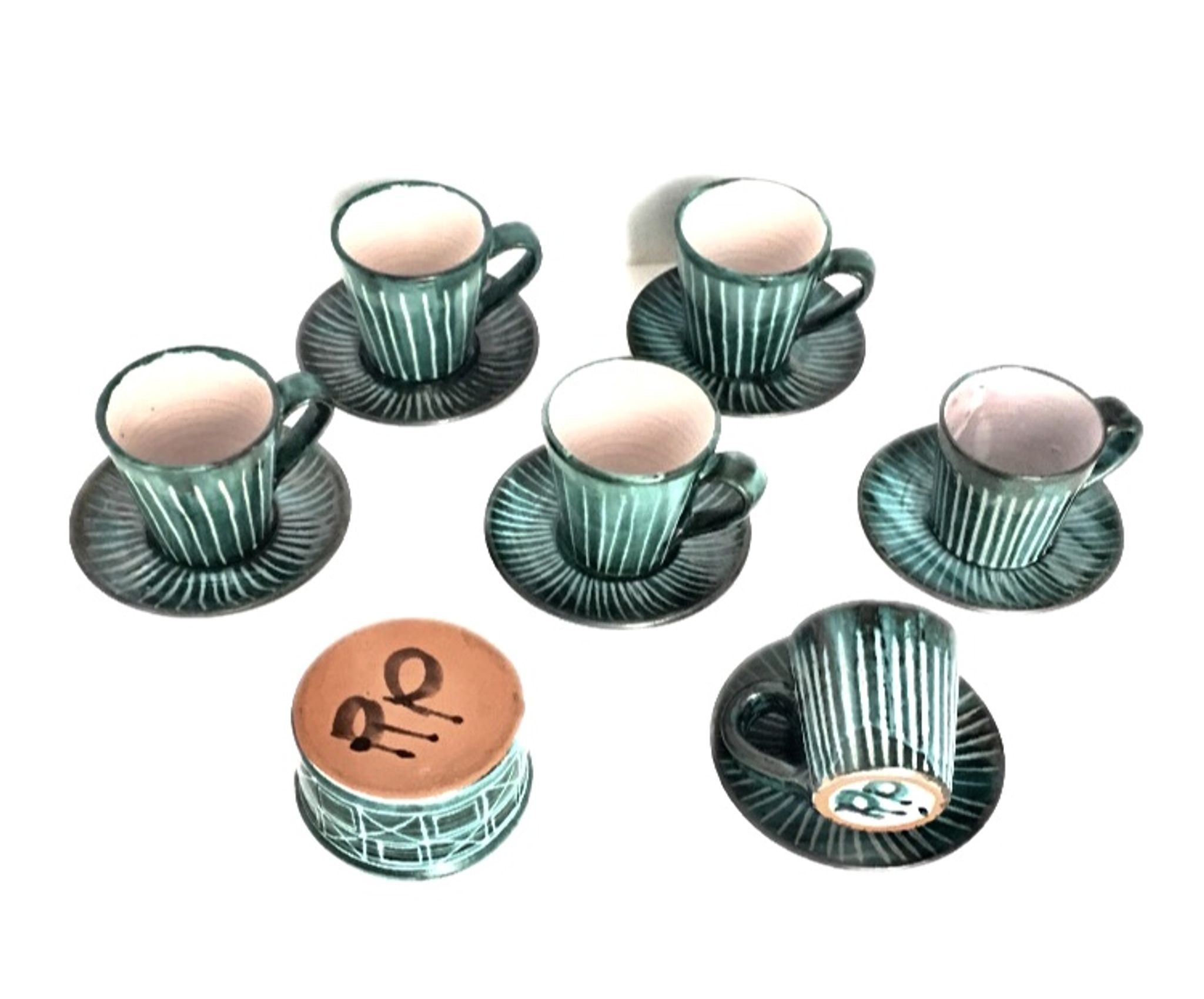 Tasses à café avec soucoupes et sucrier Robert Picault Vallauris 1950/60