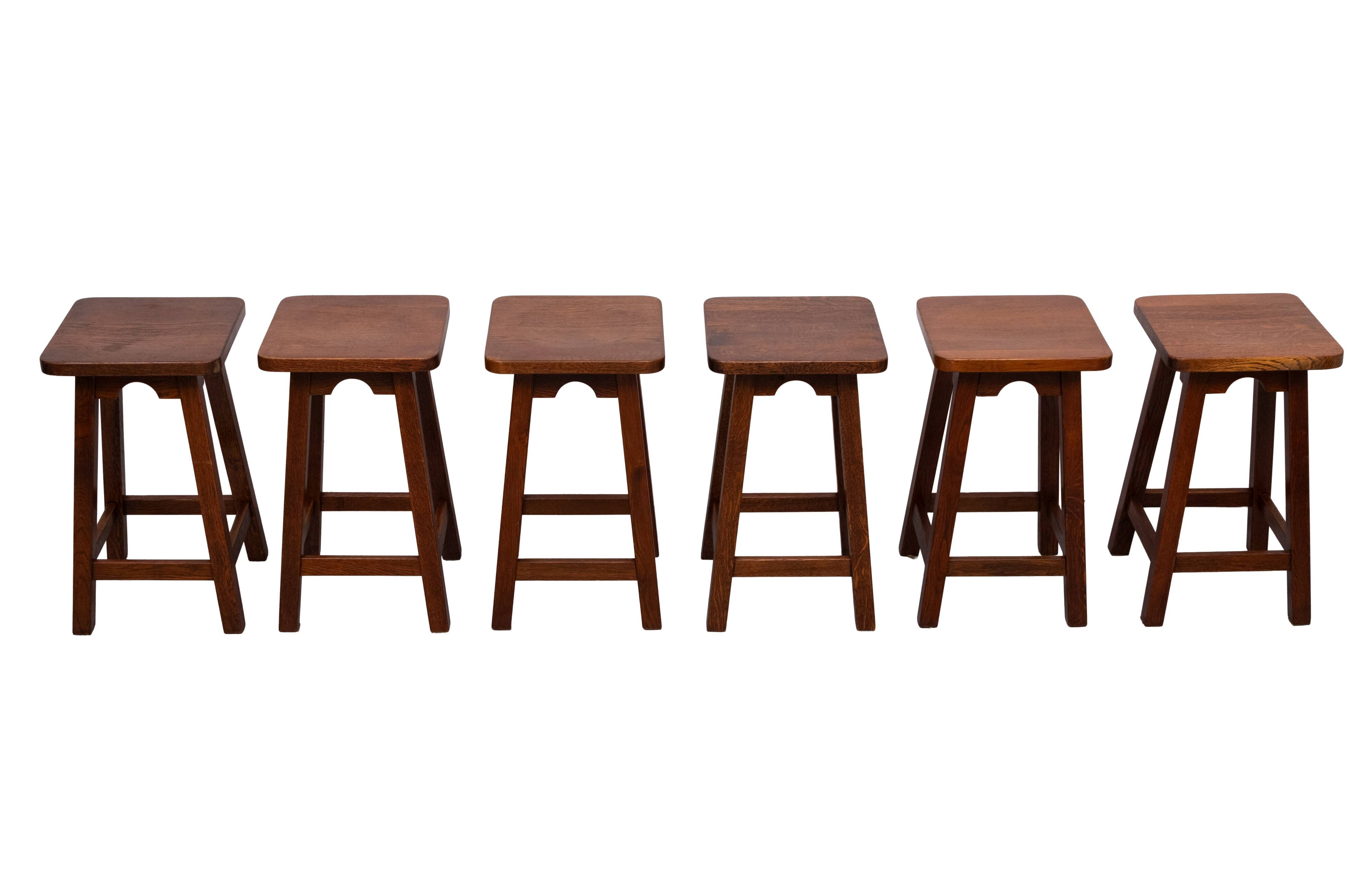 set of 6 Brutalist Solid Oak stools 1970s Holland