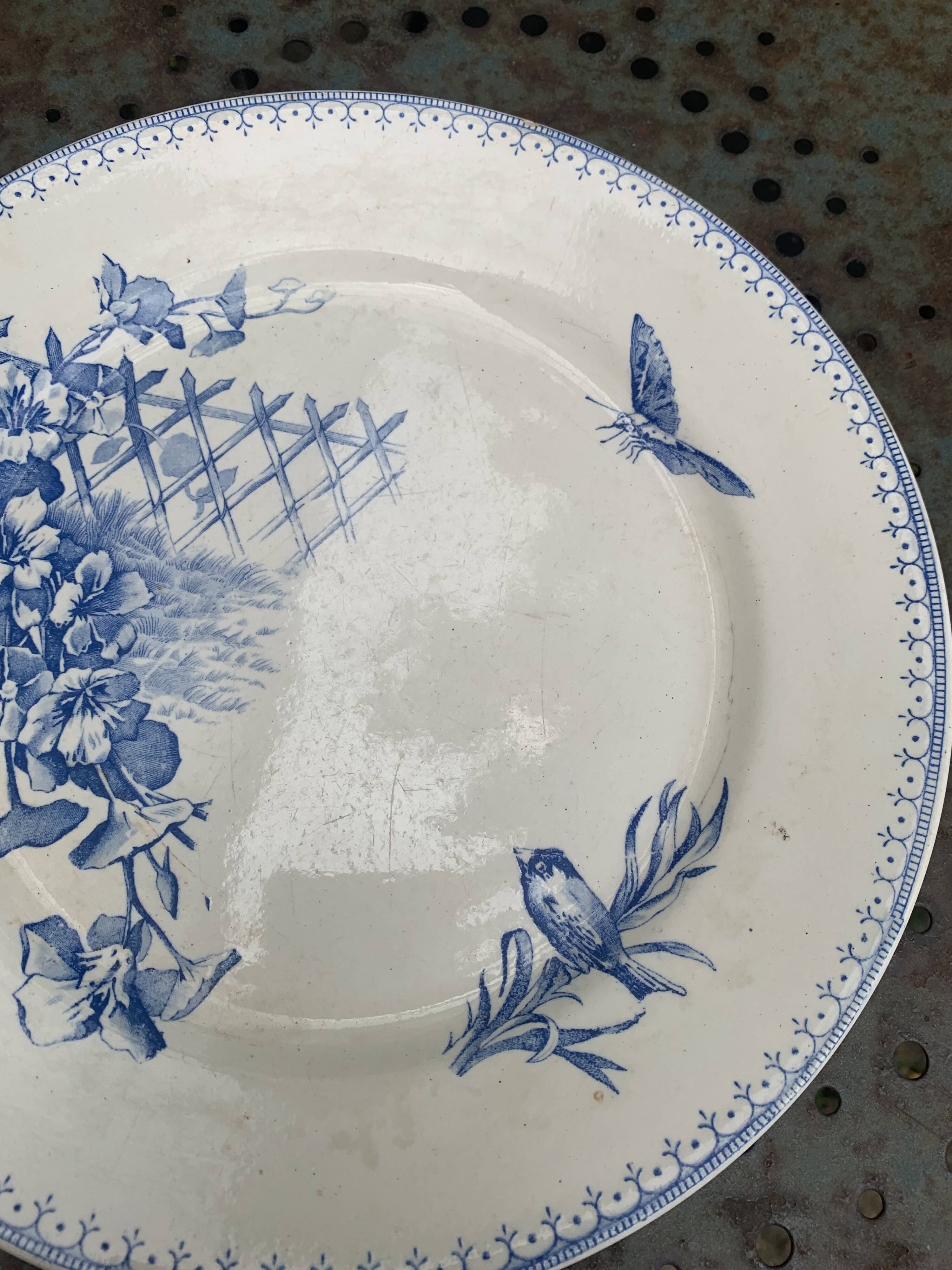 Collectible flat plate, ironstone, malaca, bird, butterfly and flower motif, made in France