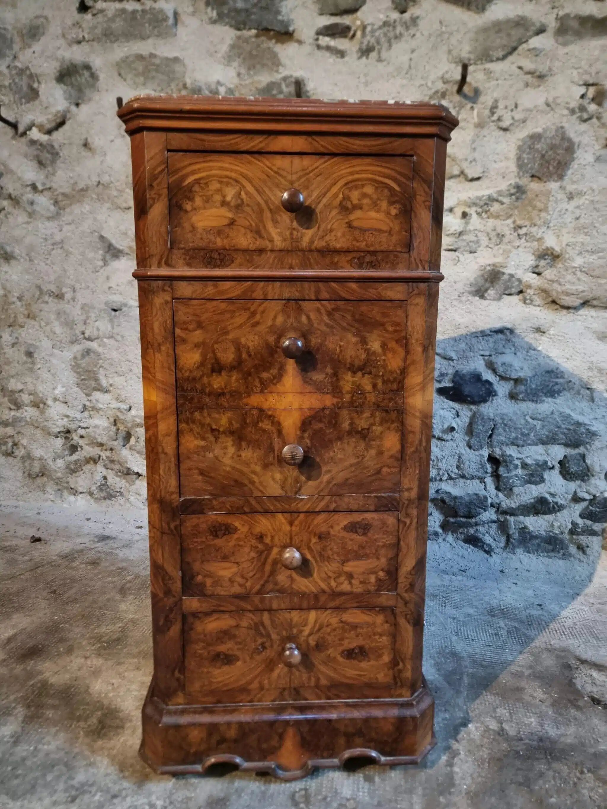 French antique bedside table in oak with walnut burl veneer, circa 1900.
