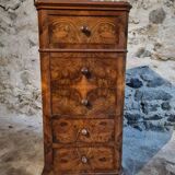 French antique bedside table in oak with walnut burl veneer, circa 1900.