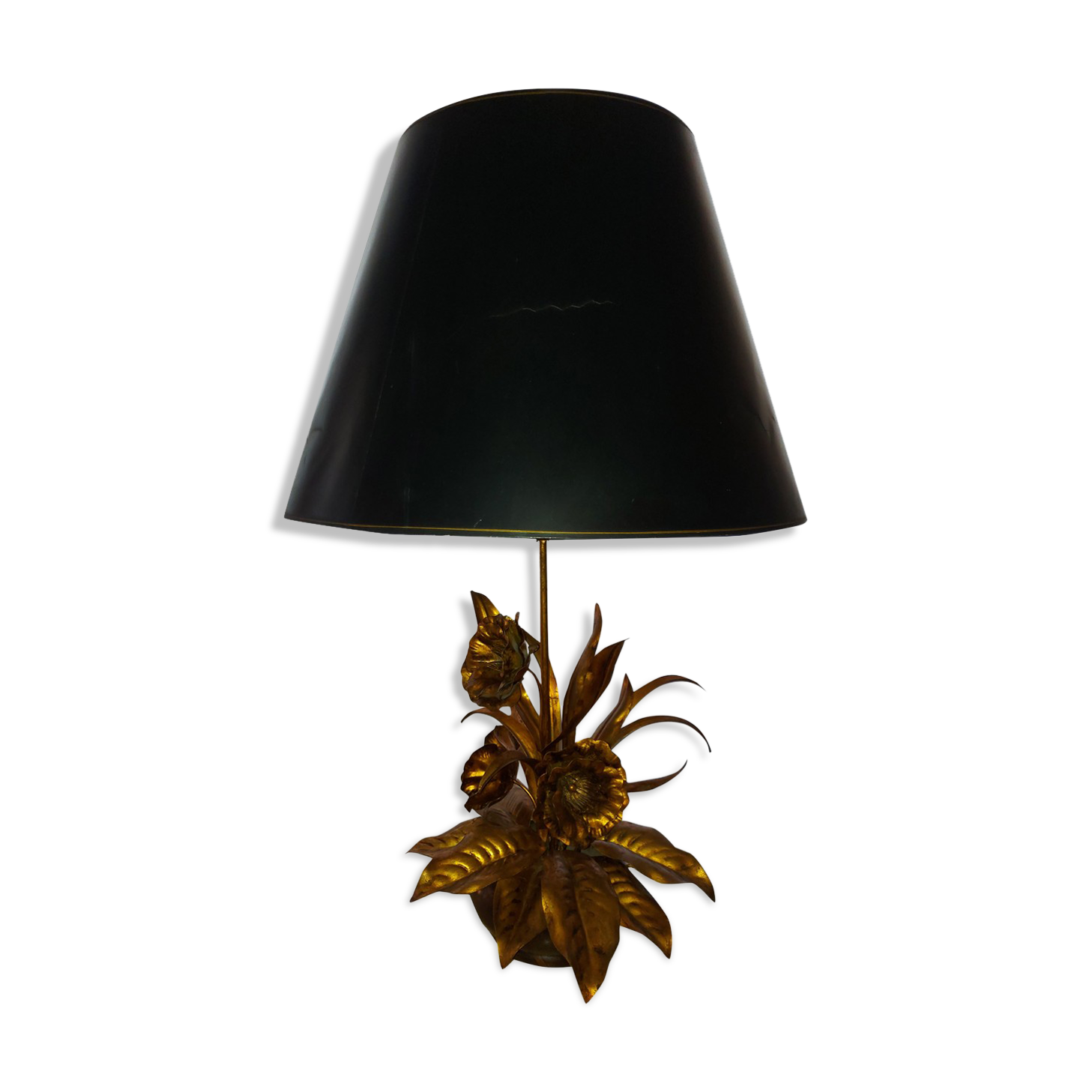 Large lamp, bouquet of vintage anemone flowers, gold metal, Hans Kogl