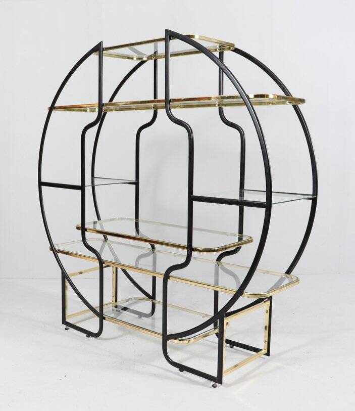 Sculptural Circular Étagère in Blackened Steel, Gold-Plated Metal and Glass