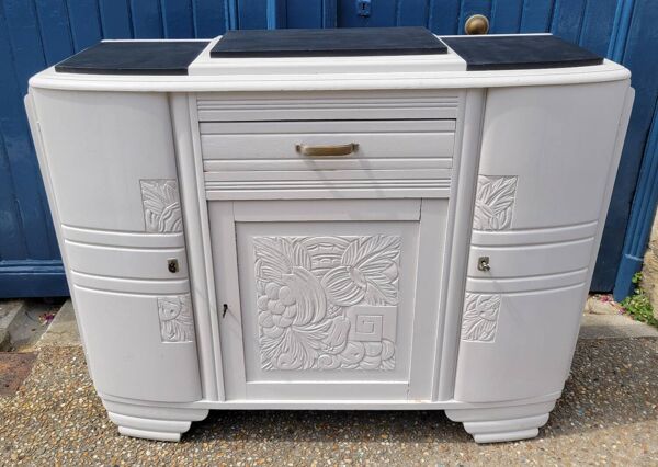 Buffet Art Déco 1930 motifs floraux dessus marbre