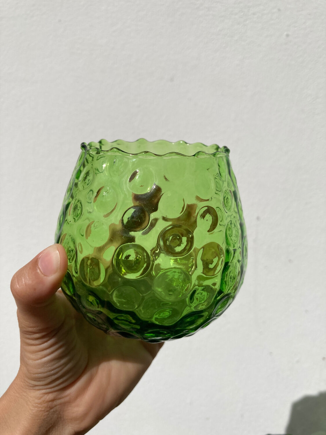 4 green water glasses and vintage blown glass carafe