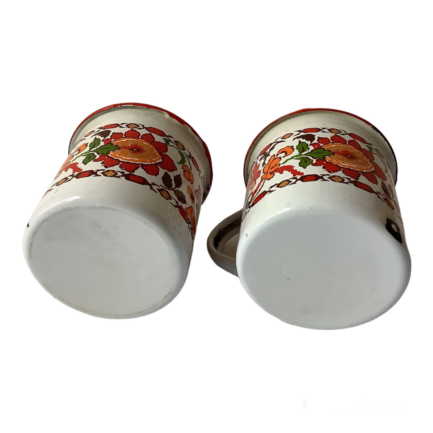 2 vintage sheet metal mugs