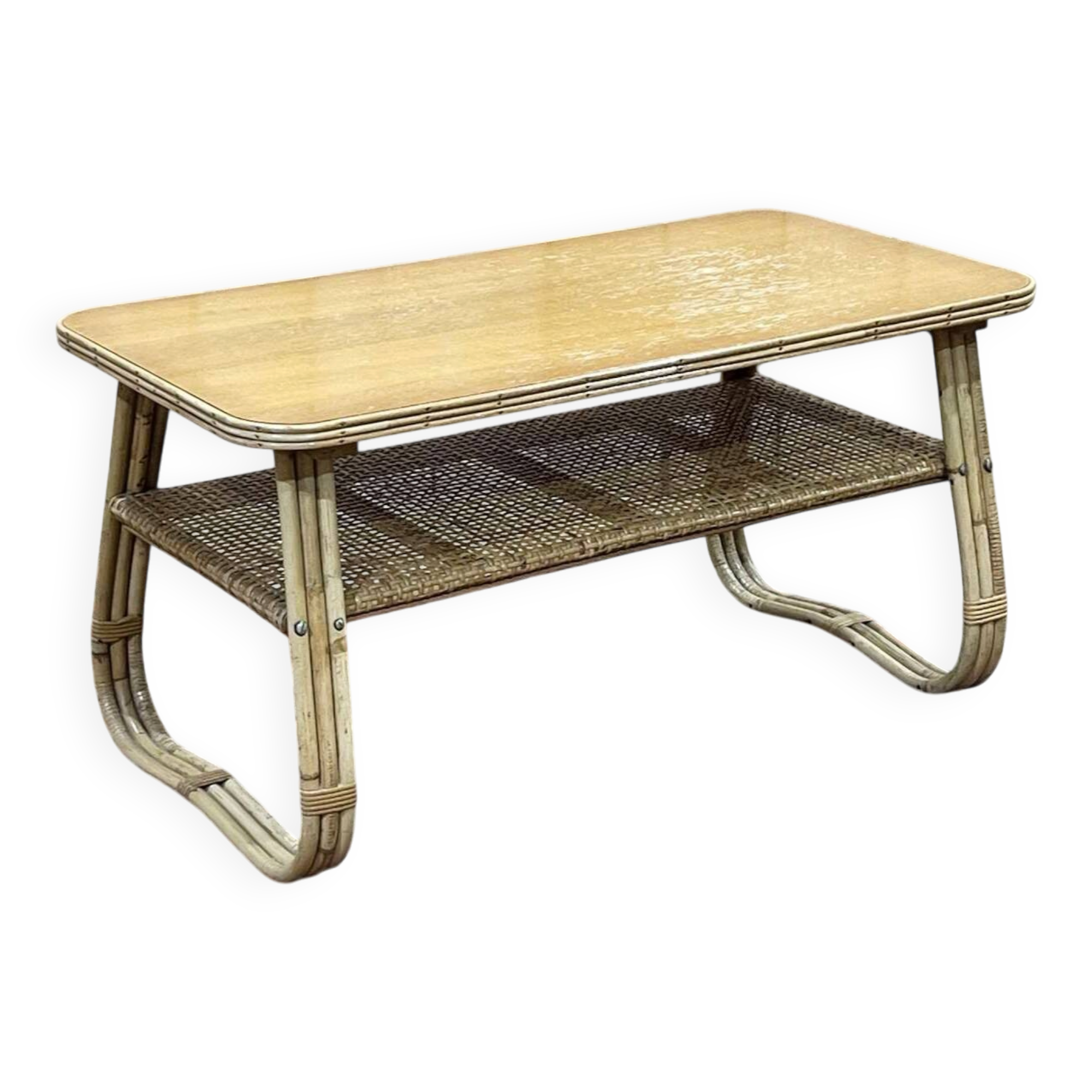 Rattan coffee table and caned shelf from the 1970s.