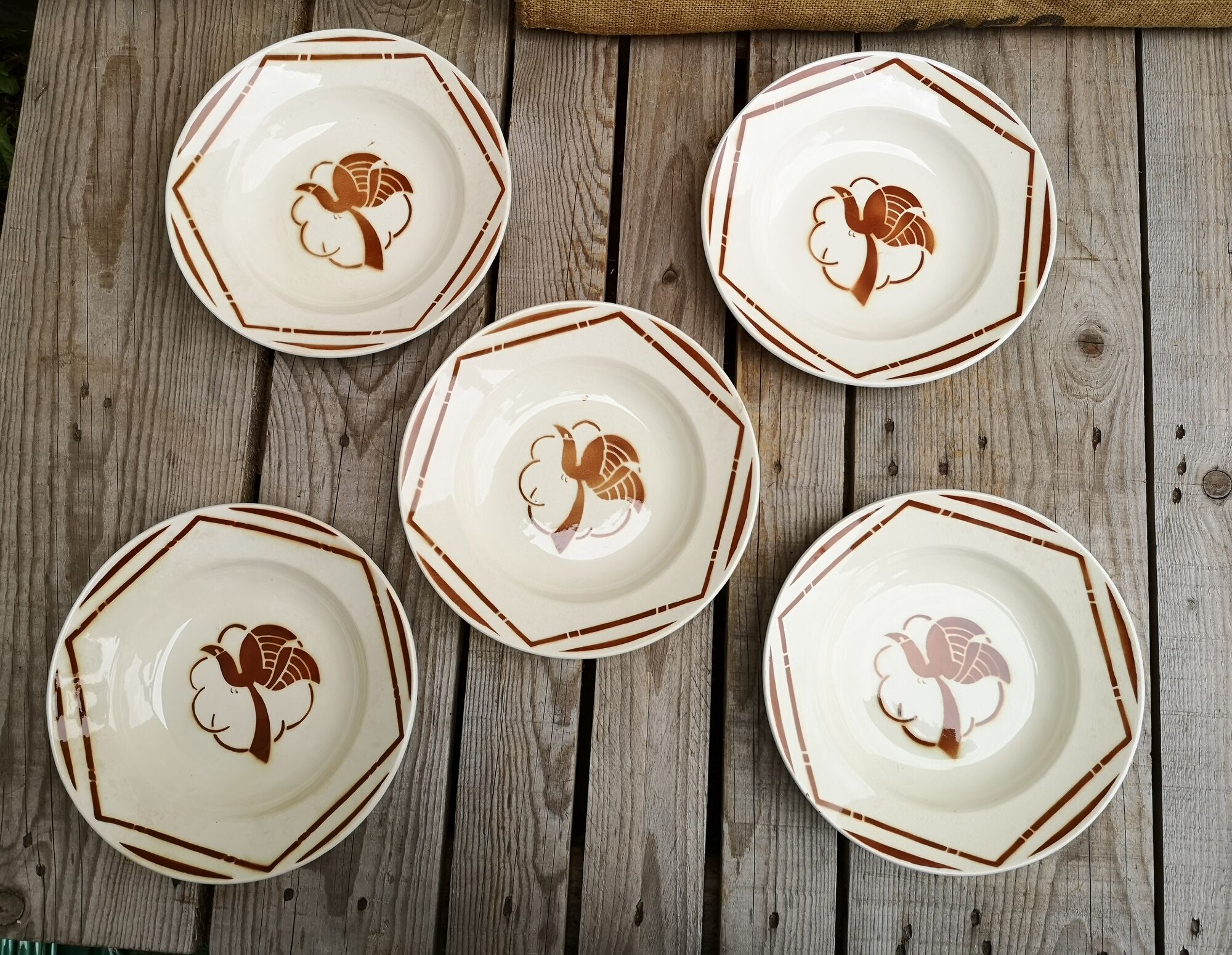 Set of 5 hollow plates signed Badonviller Collection Paradise bird décor