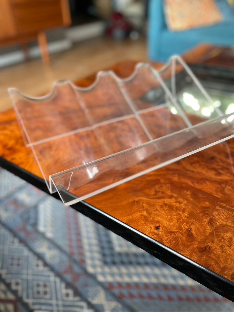 Table basse bar cocktail caché en loupe d'orme de Paul Michel, 1970 Roche Bobois