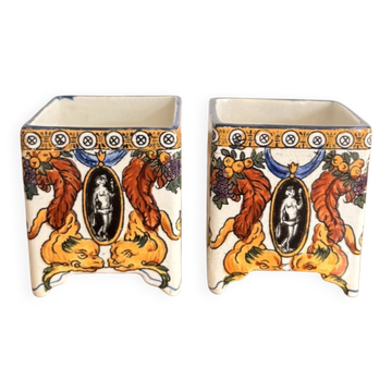 Paire Pot Porte Pinceau Jardinière Cache Pot Faïence Gien Néo renaissance X