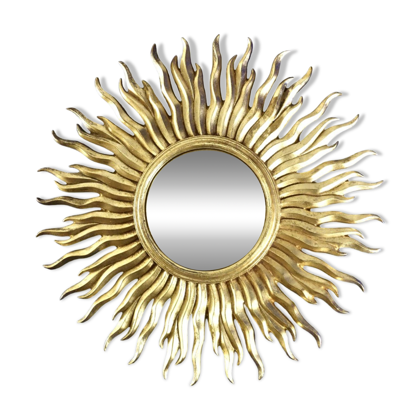 Vintage convex sun mirror in gilded wood, France 1960's