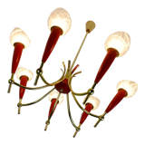 1950s mid century pendant light brass red plastic 7 glass shades