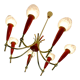 Lustre des années 1950 en laiton et plastique rouge, 7 abat-jours en verre