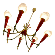 Lustre des années 1950 en laiton et plastique rouge, 7 abat-jours en verre