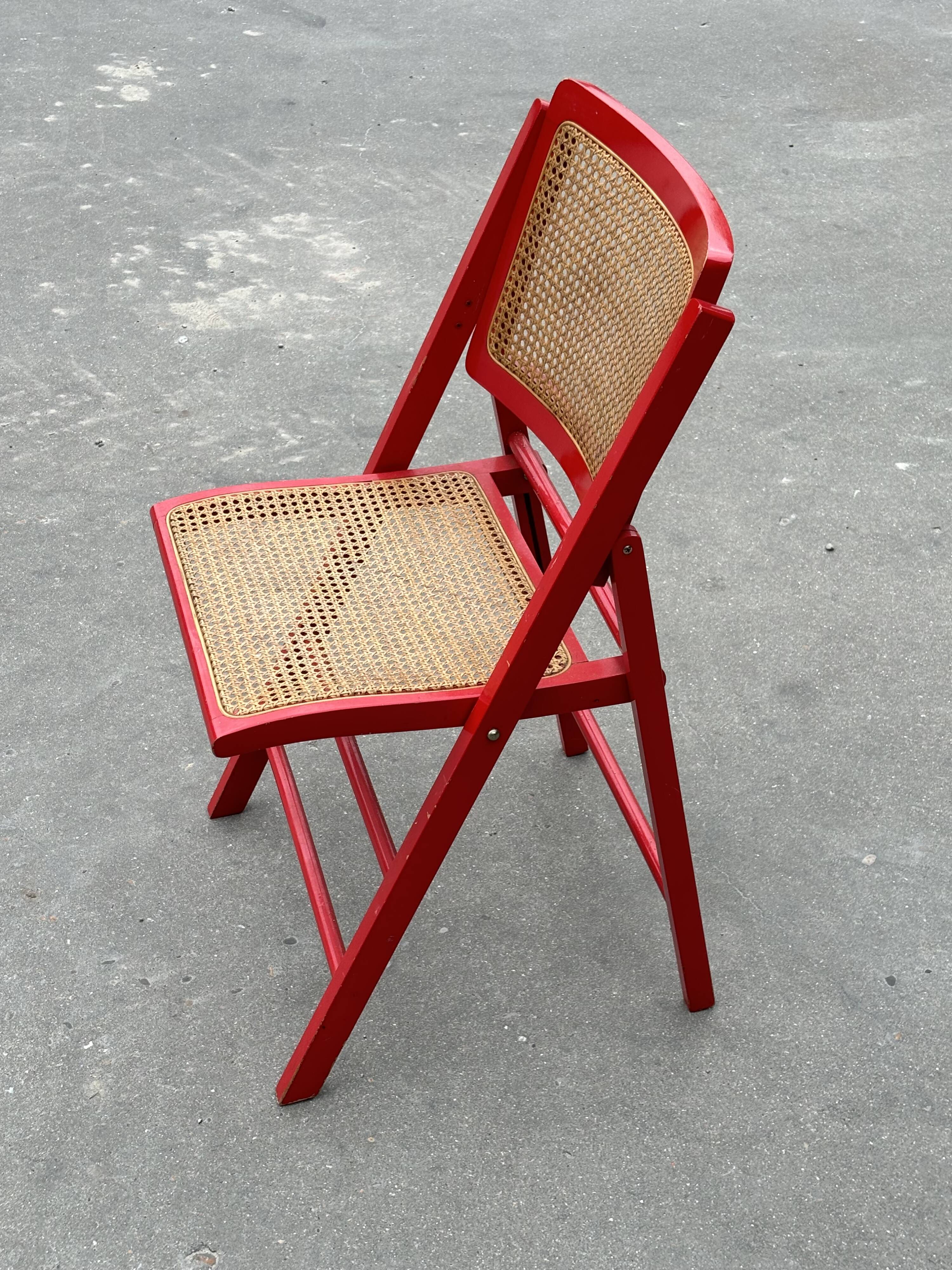 Vintage  Mid-Century Woven Cane Folding Chair  1960s in red cesca style