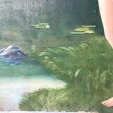 Old oil painting on large format cardboard 1920 nymph at the edge of a lake