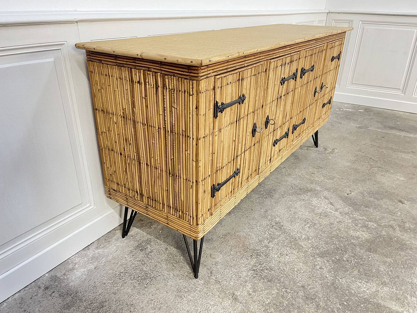 Vintage Audoux Minnet style  rattan sideboard