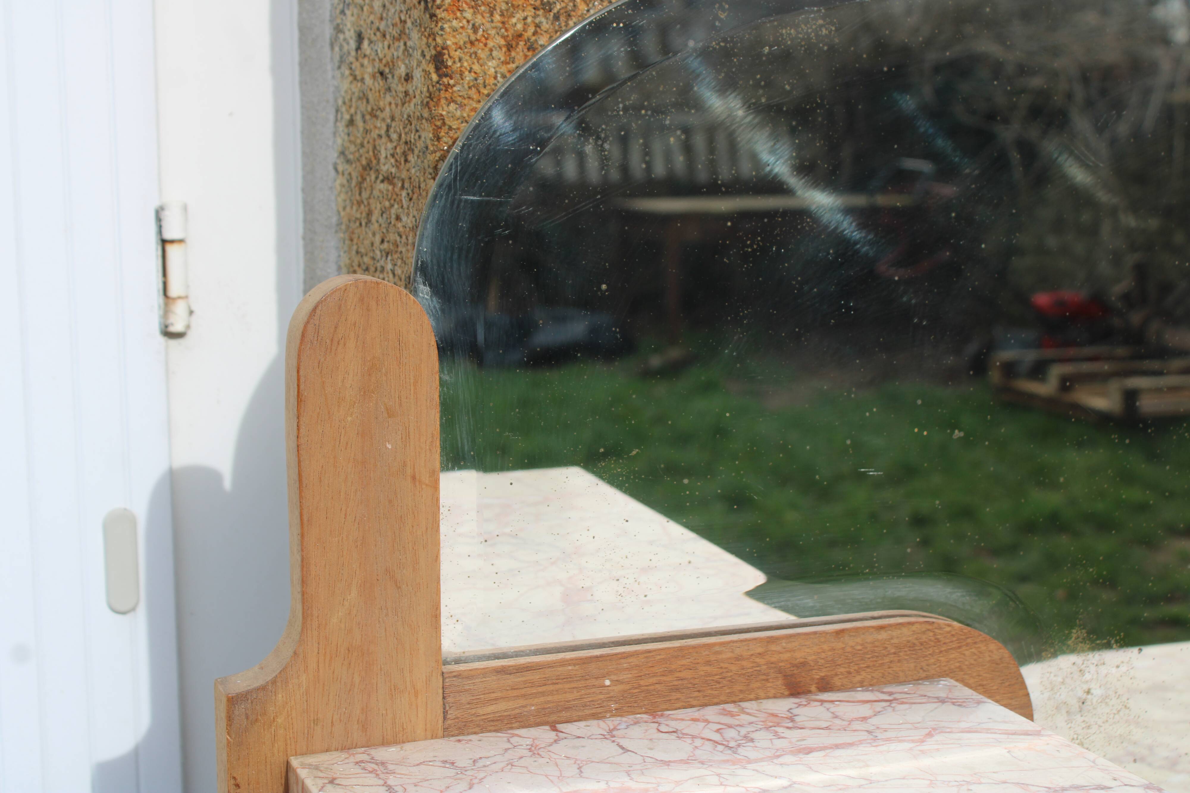 Renovated Art Deco buffet, pink marble and original mirror.