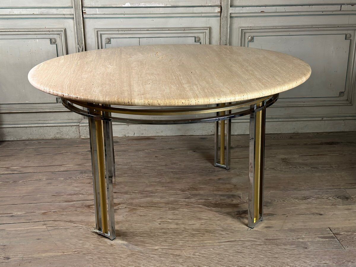 Dining table in chromed metal and matt gold, travertine shelf circa 1980