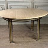 Dining table in chromed metal and matt gold, travertine shelf circa 1980