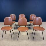 Set of 6 retro bistro chairs in cognac leatherette and black steel legs