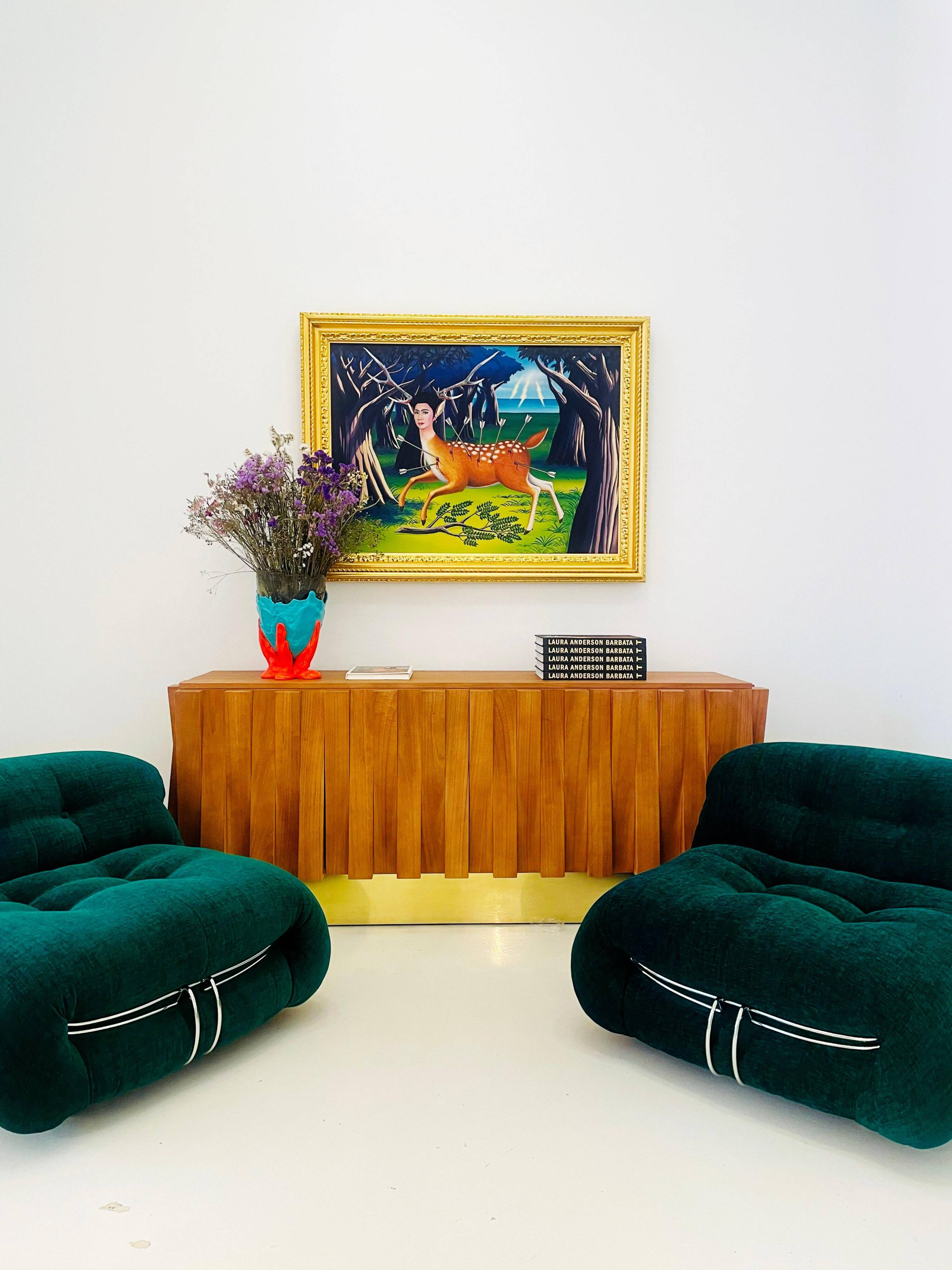 Brutalist Style Cabinet, Italian Faceted Oakwood and Brass Sideboard
