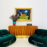 Brutalist Style Cabinet, Italian Faceted Oakwood and Brass Sideboard