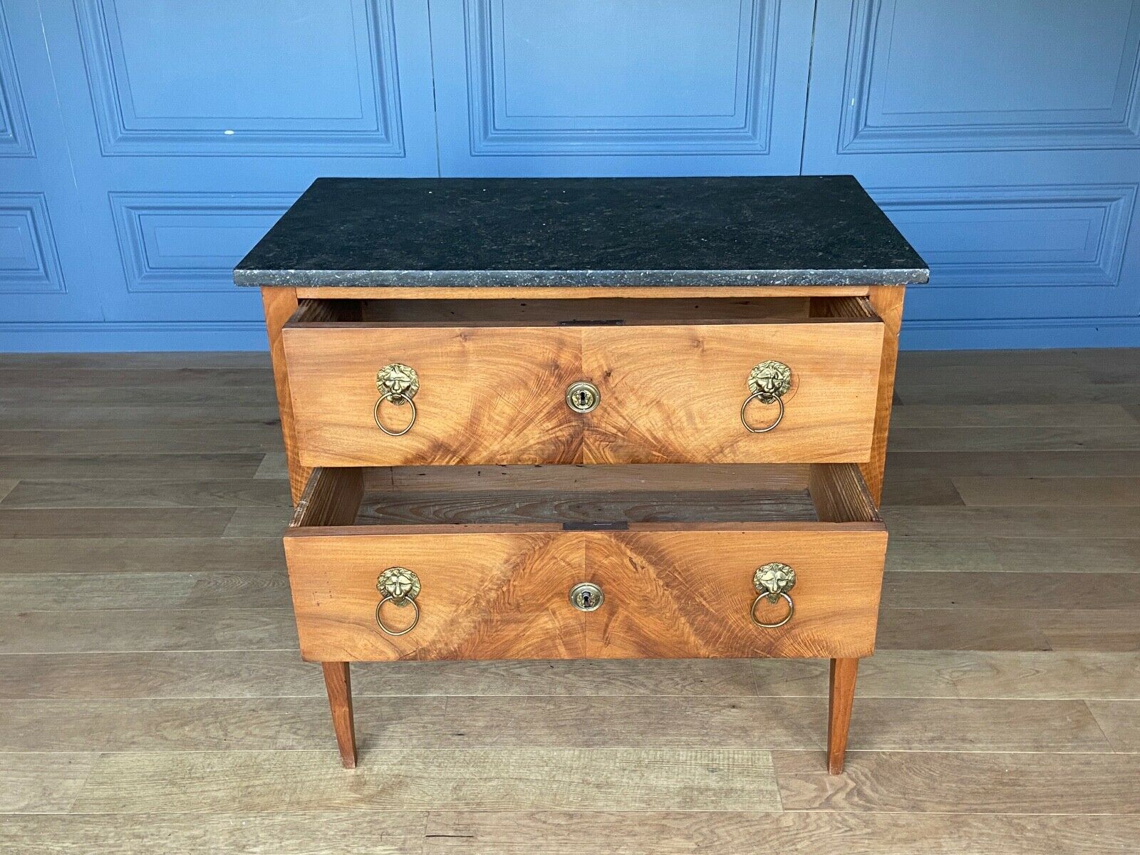 Chest of drawers two drawers restoration black marble heads of lions XIX century