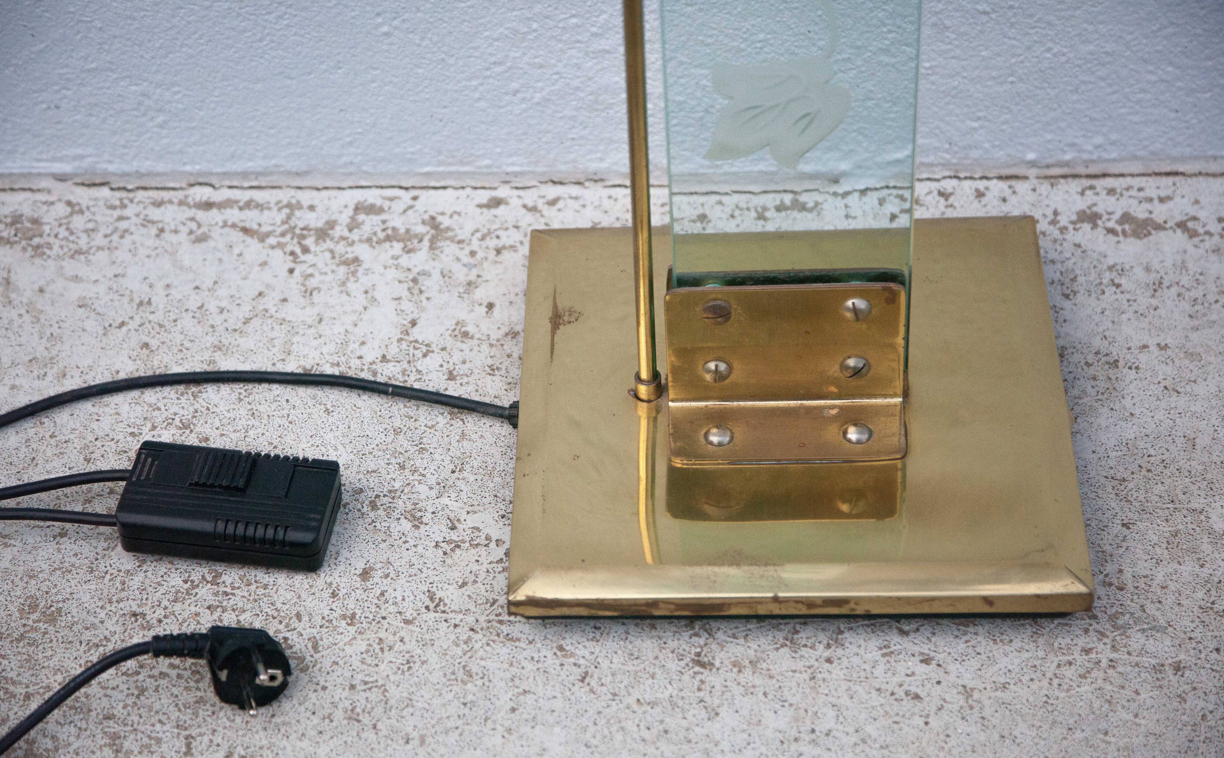 Floor lamp, brass halogen and engraved glass, attributed to Max Baguara, design lamp, 80's