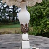 Lampe de salon rétro 1950 albâtre / laiton abat jour soie ecru