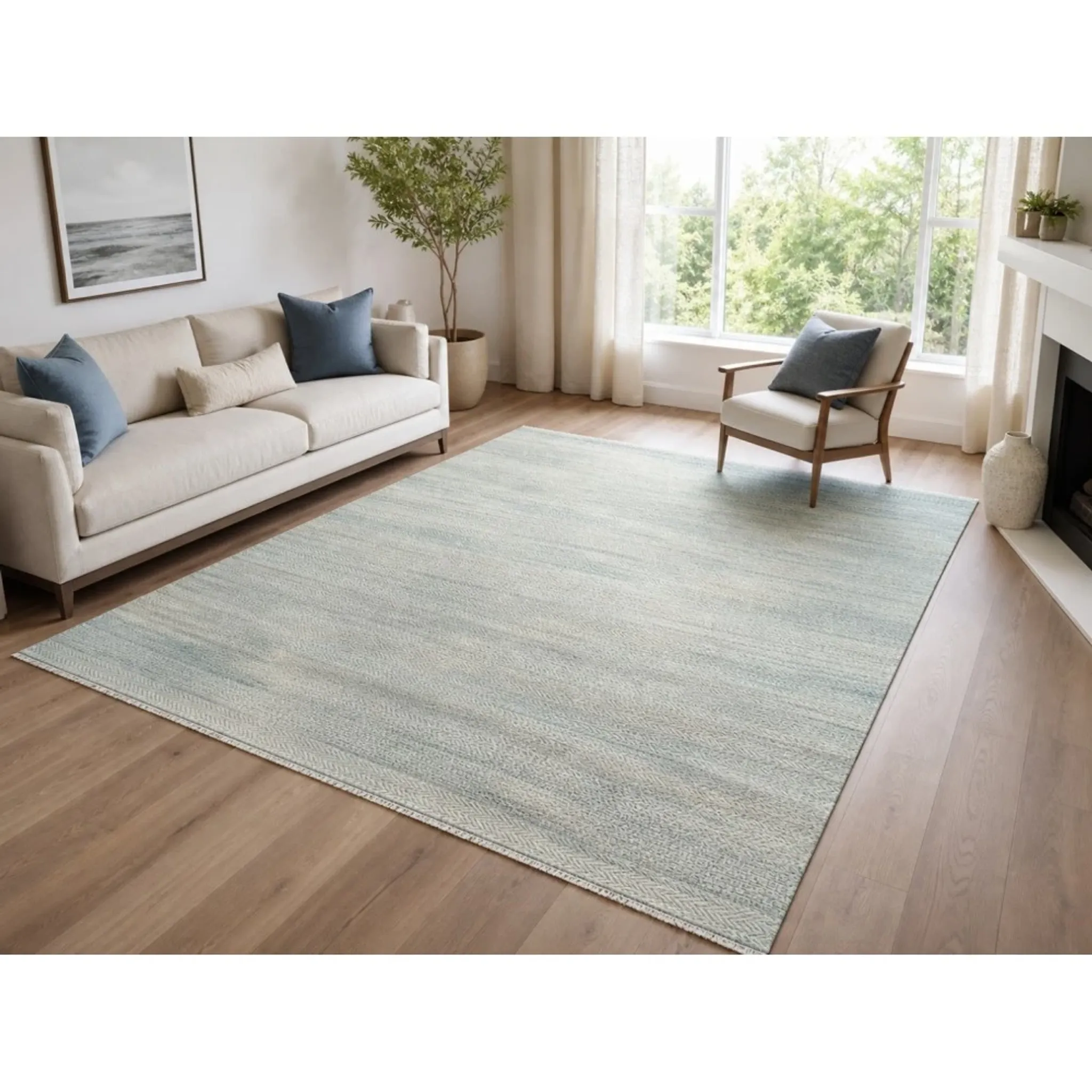 Minimalist Handmade Area Rug in Ivory. Hand-Knotted Wool and Bamboo Carpet