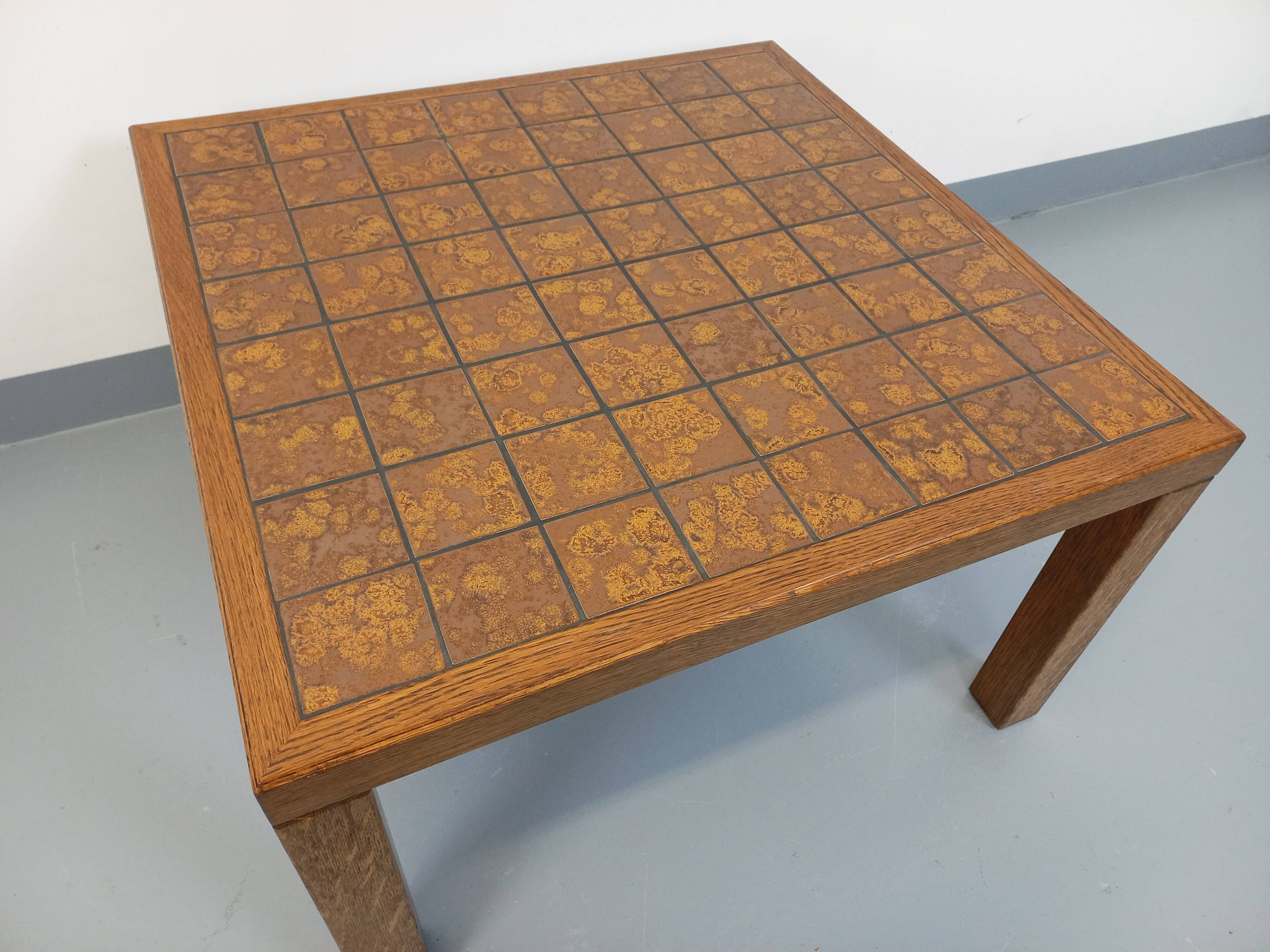 Vintage square coffee table in oak wood and ceramic from the 60s and 70s