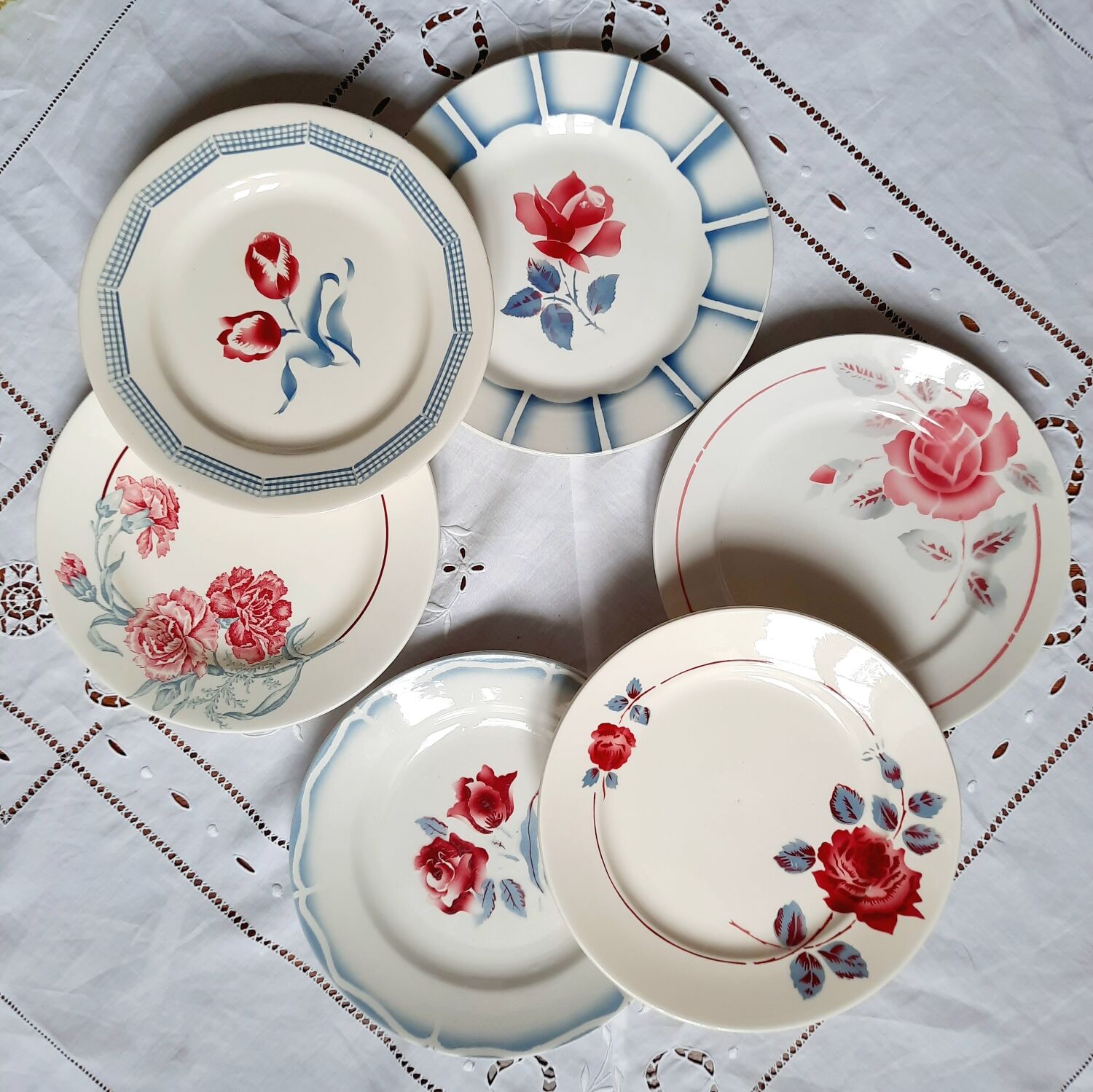 Old flat plates mismatched in earthenware