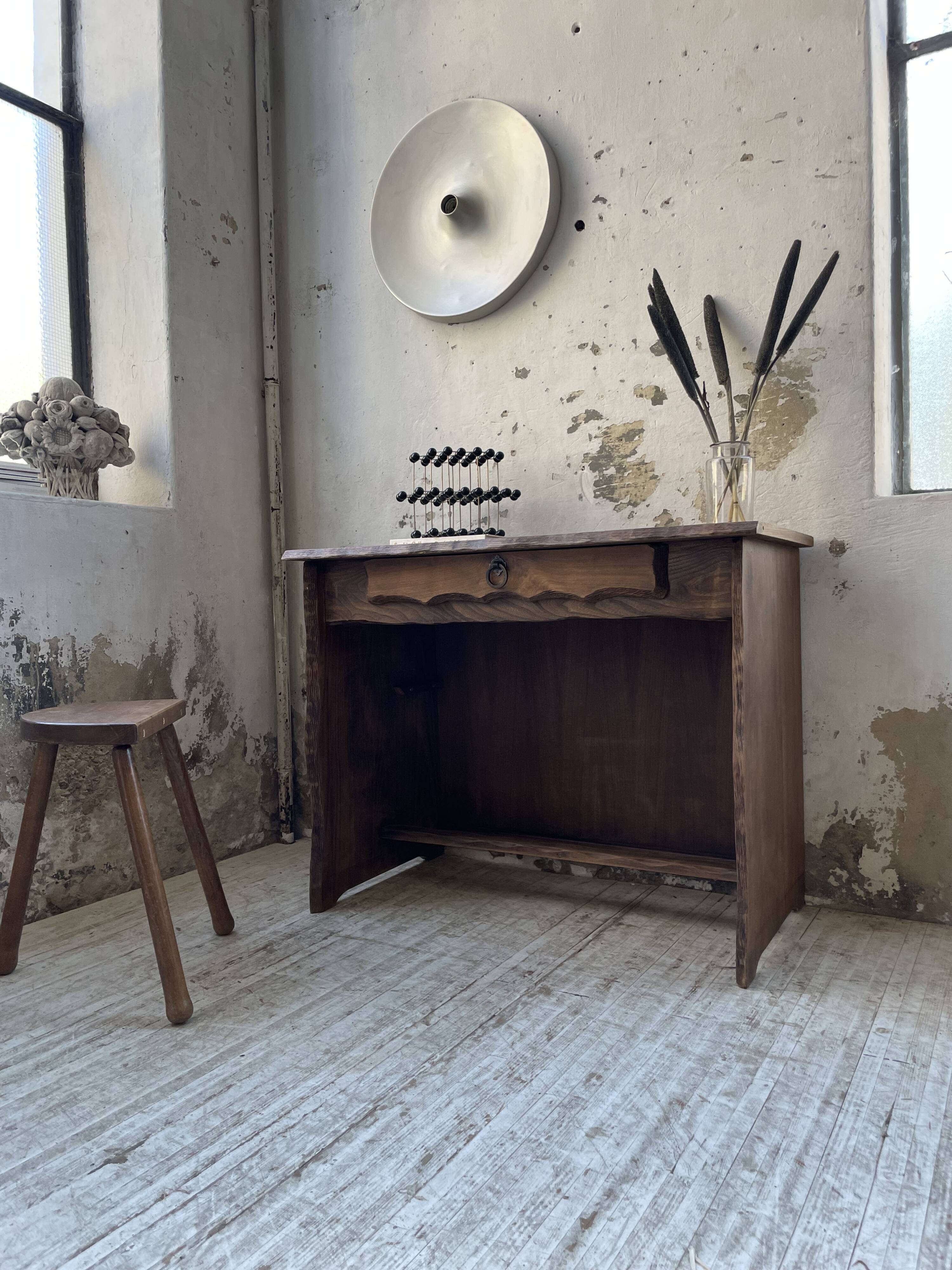 Brutalist desk in elm, signed Aranjou.
