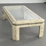 Table basse rectangulaire en marqueterie de pierre et verre, 1980s