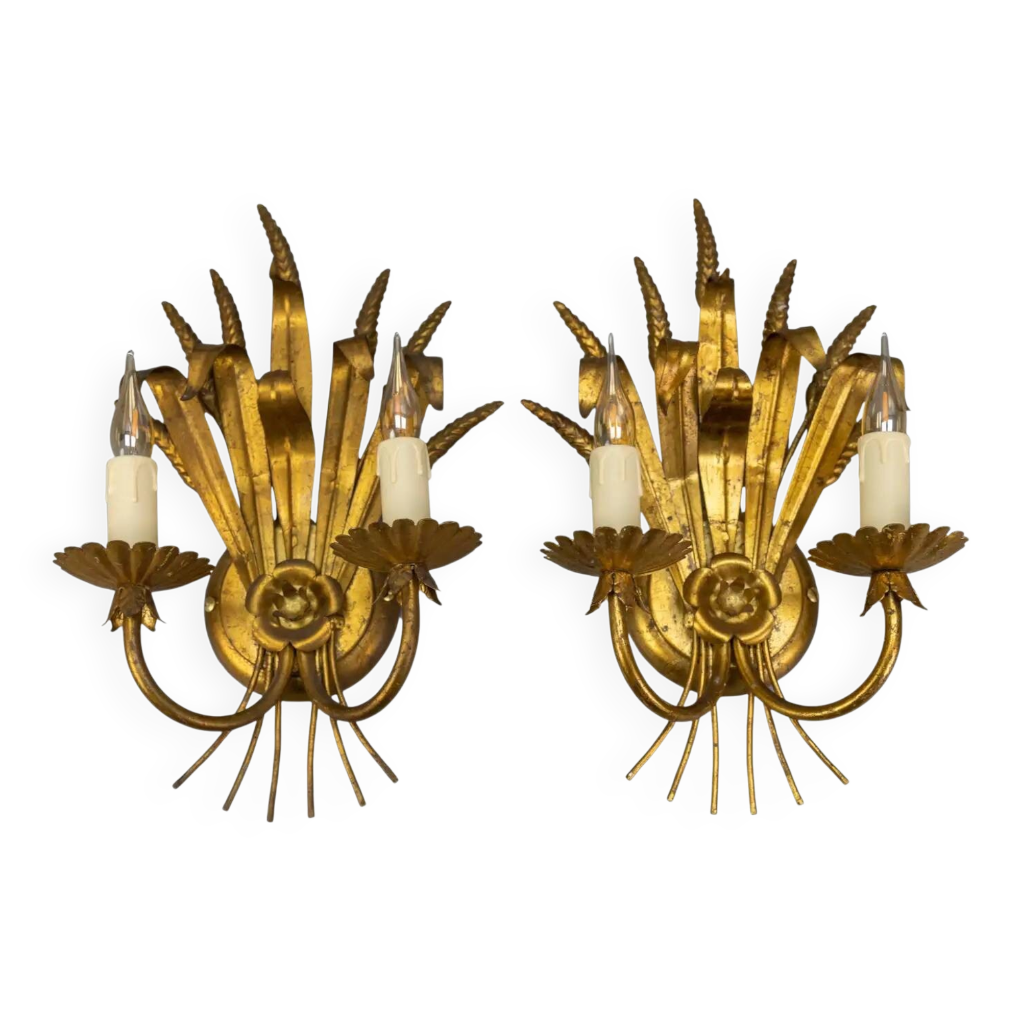 Pair of Hollywood Regency Style Gilt Metal Wheat Sheaf Wall Sconces, 1970s