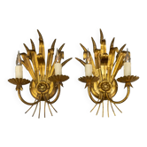Pair of Hollywood Regency Style Gilt Metal Wheat Sheaf Wall Sconces, 1970s