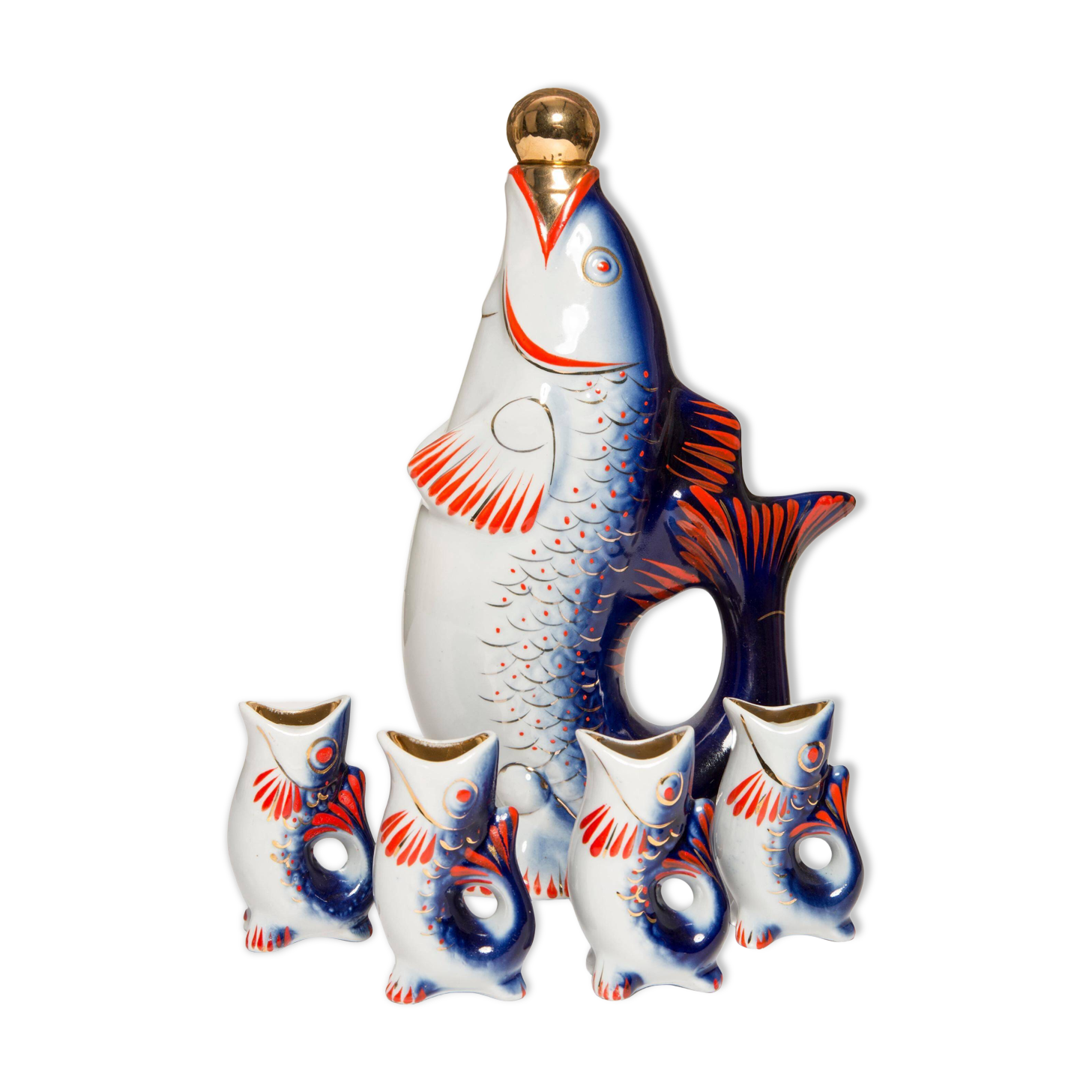 Set of 7 glasses and a glass carafe decorated with blue fish, Mid-Century Modern style, Europe, 1960s.