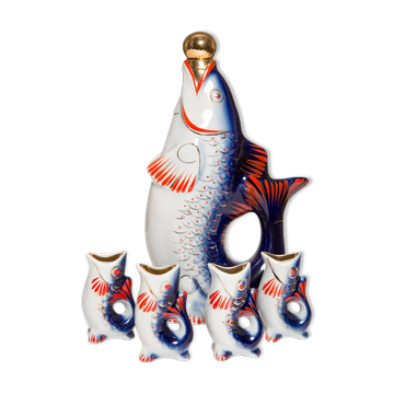 Set of 7 glasses and a glass carafe decorated with blue fish, Mid-Century Modern style, Europe, 1960s.