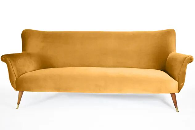 Three-seater velvet sofa, German, 1960s, mustard, restored.